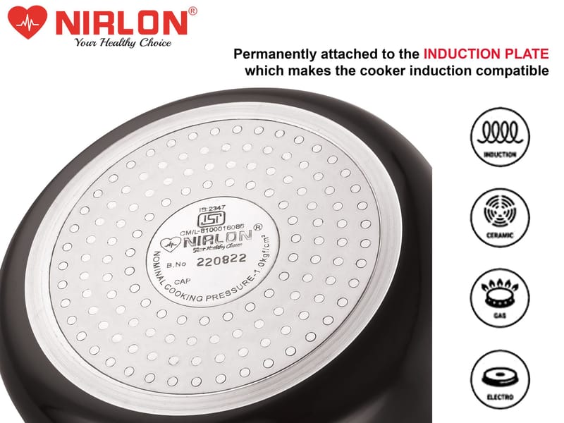 Nirlon Induction and Gas Compatible Hard Anodised Inner Lid Aluminium Pressure Cooker, 5 Litre, Black