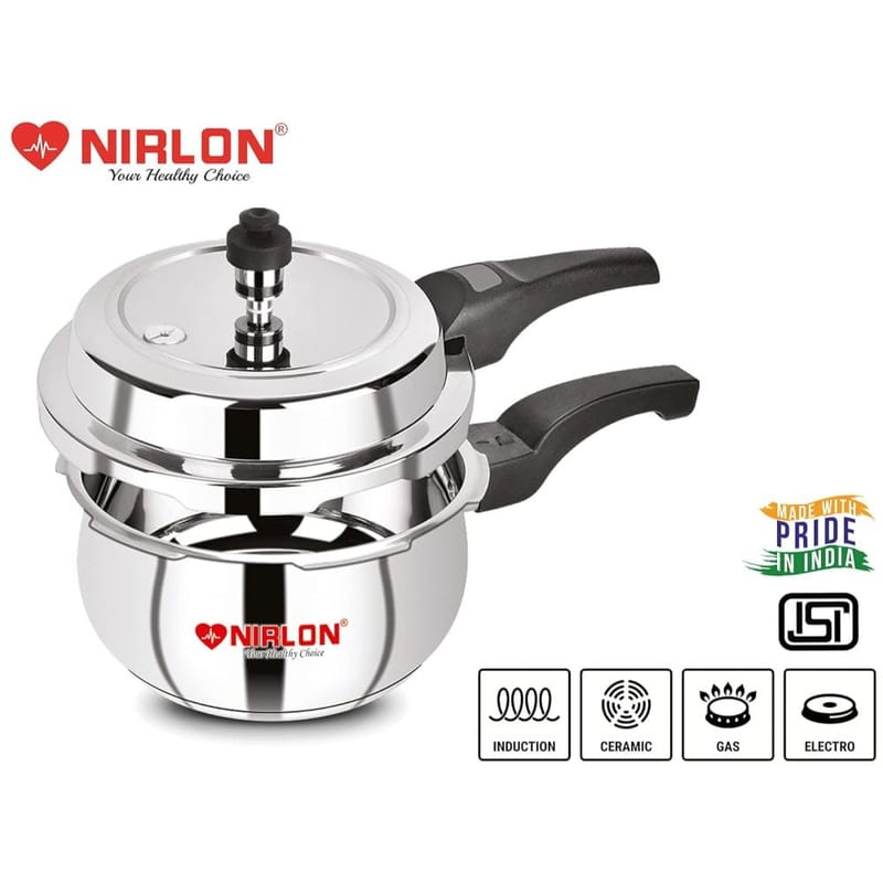 Nirlon Sandwich Bottom Induction Friendly Outer Lid Stainless Steel Pressure Cooker, 2 Litre