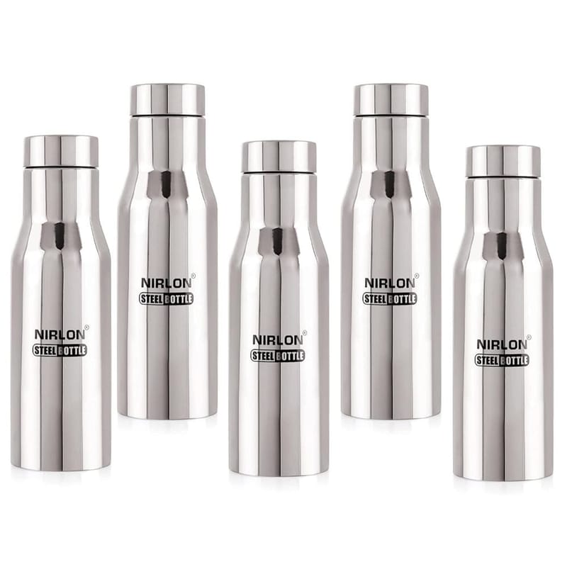 Nirlon Stainless Steel Single Wall Fridge Water Bottle, Silver, Set of 5 (FB_Xing)