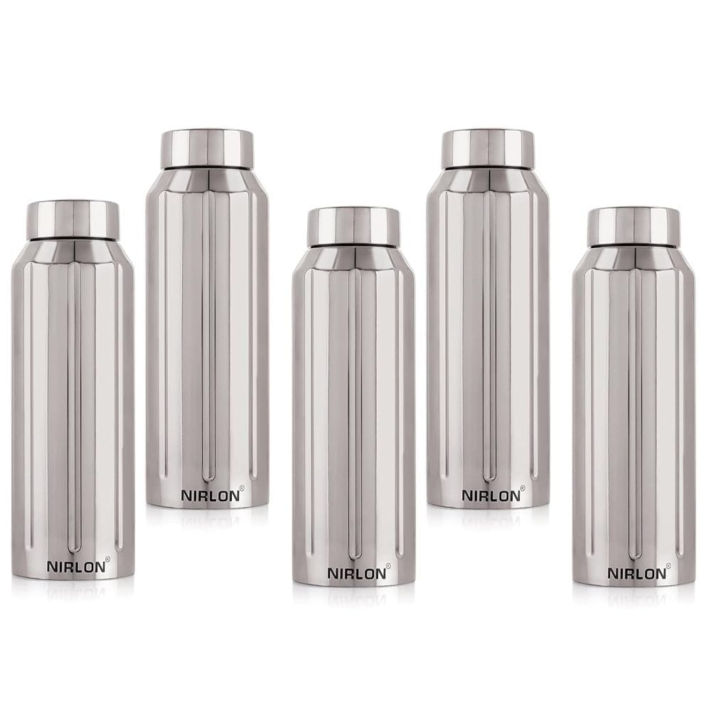 Nirlon Stainless Steel Single Wall Fridge Refrigerator Water Bottle, Silver, Set of 5 (FB_Wave)