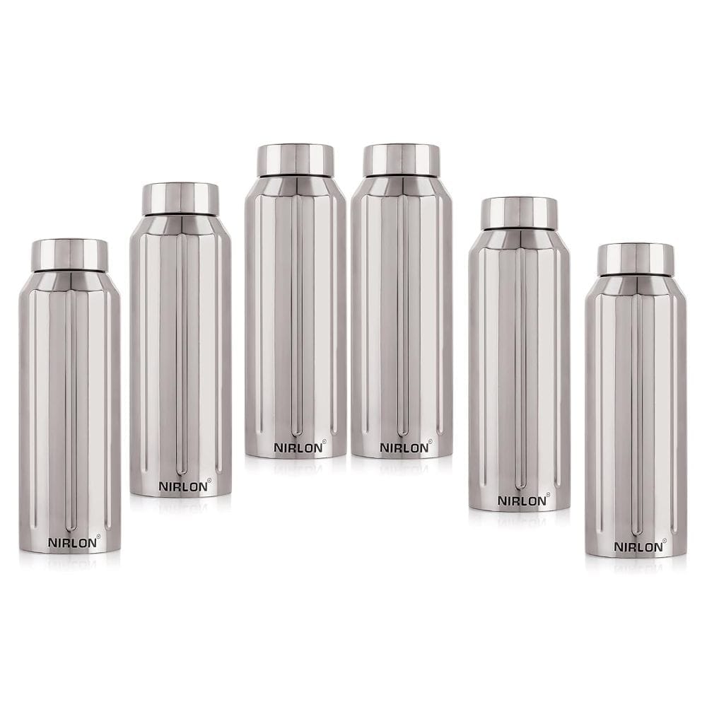 Nirlon Stainless Steel Single Wall Fridge Refrigerator Water Bottle, Silver, Set of 6 (FB_Wave)