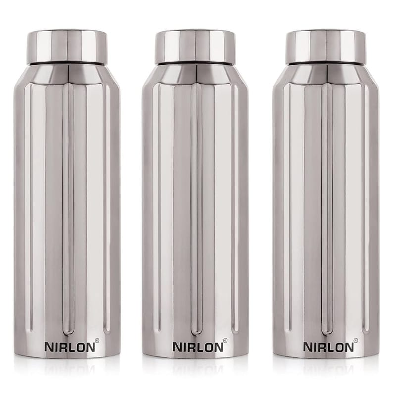 Nirlon Stainless Steel Single Wall Fridge Refrigerator Water Bottle, Silver, Set of 3 (FB_Wave)