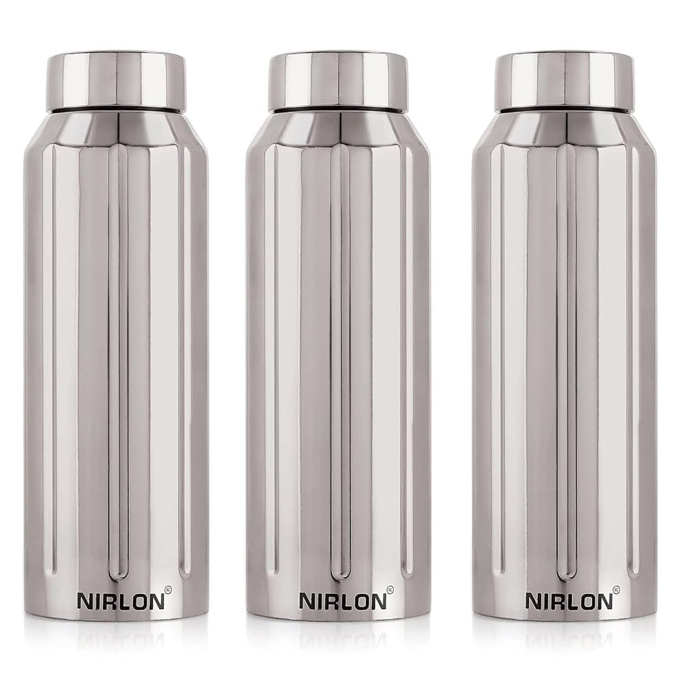 Nirlon Stainless Steel Single Wall Fridge Refrigerator Water Bottle, Silver, Set of 3 (FB_Wave)