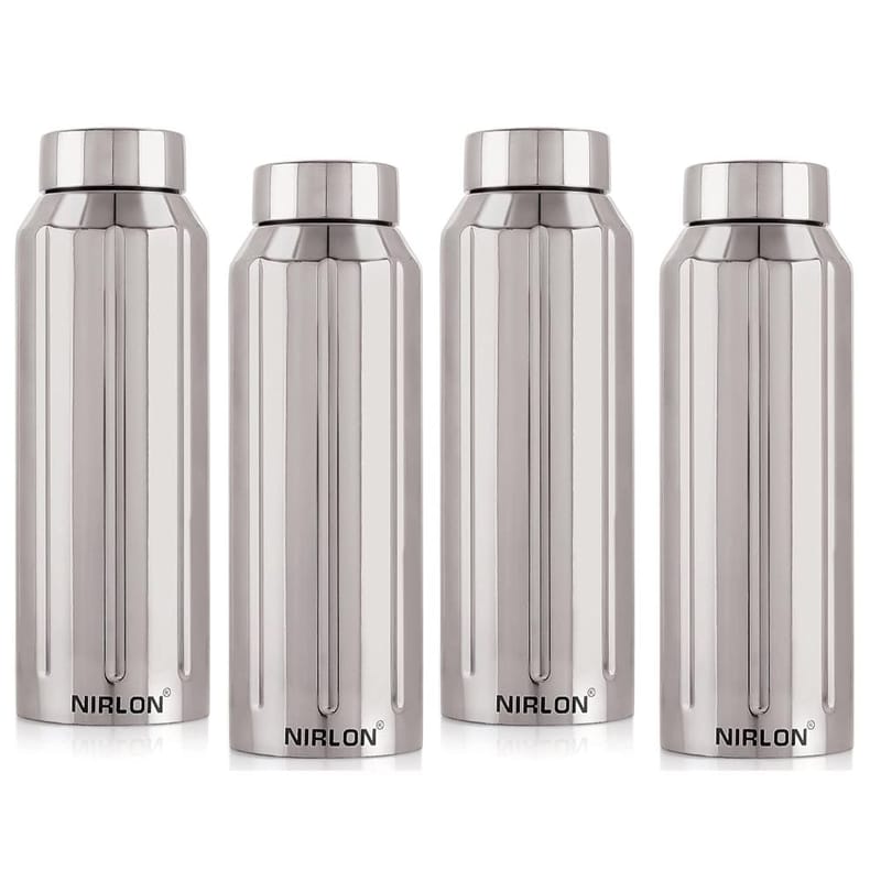 Nirlon Stainless Steel Single Wall Fridge Refrigerator Water Bottle, Silver, Set of 4 (FB_Wave)