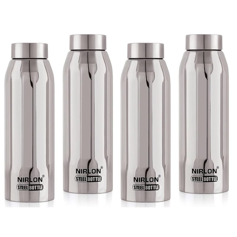 Nirlon Stainless Steel Single Wall Fridge Water Bottle, Silver, 1000ML, Set of 4 (FB_Polo)