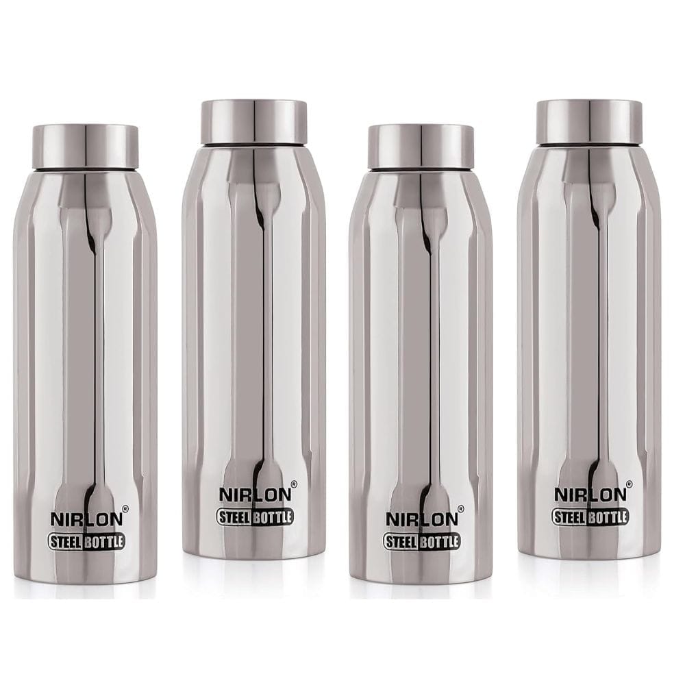 Nirlon Stainless Steel Single Wall Fridge Water Bottle, Silver, 1000ML, Set of 4 (FB_Polo)