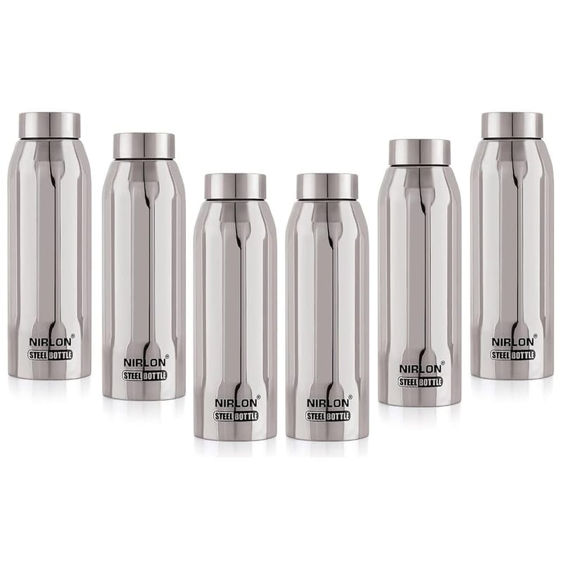 Nirlon Stainless Steel Single Wall Fridge Water Bottle, Silver, 1000ML, Set of 6 (FB_Polo)