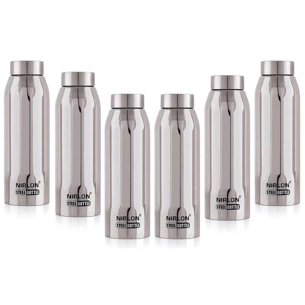 Nirlon Stainless Steel Single Wall Fridge Water Bottle, Silver, 1000ML, Set of 6 (FB_Polo)