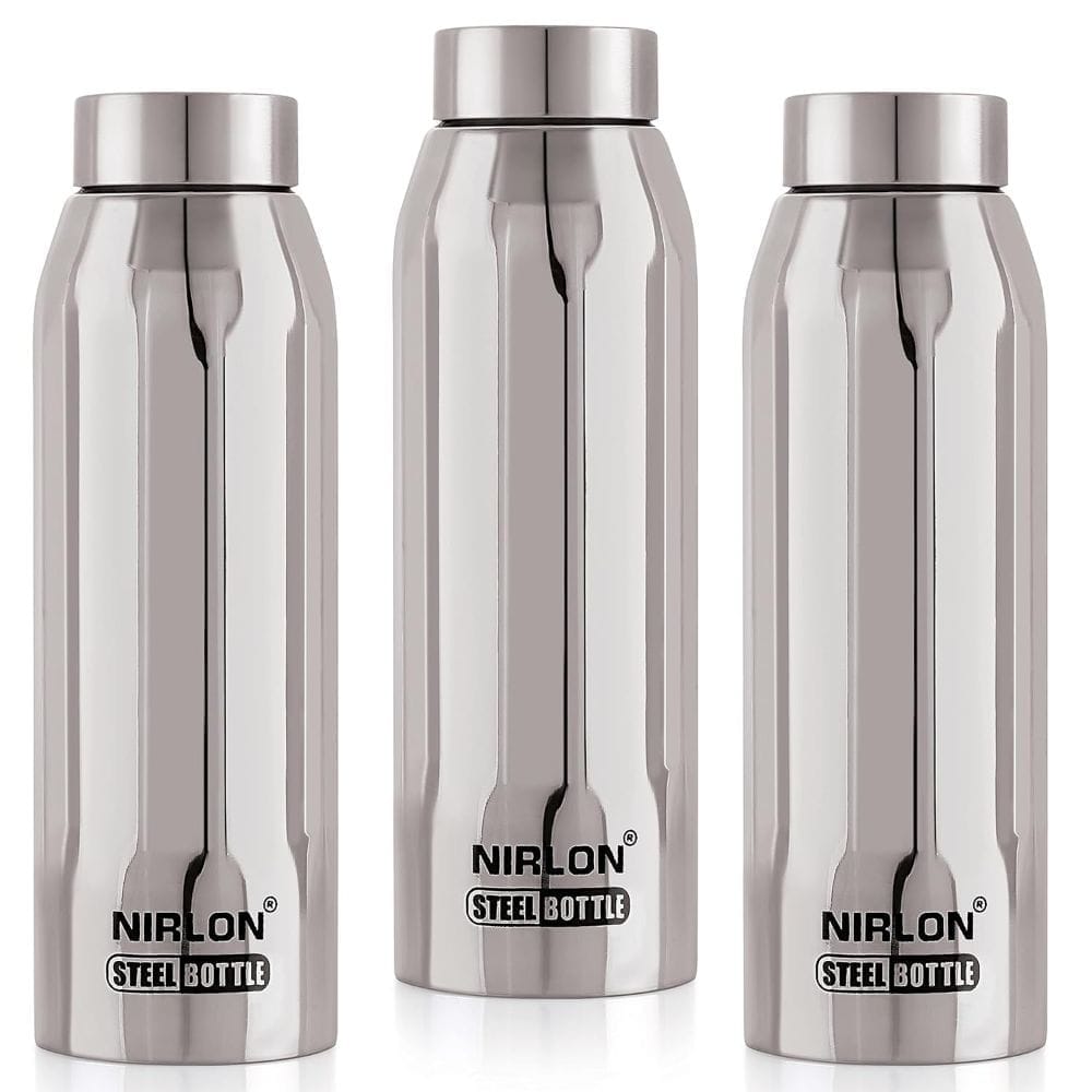 Nirlon Stainless Steel Single Wall Fridge Water Bottle, Silver, 1000ML, Set of 3 (FB_Polo)