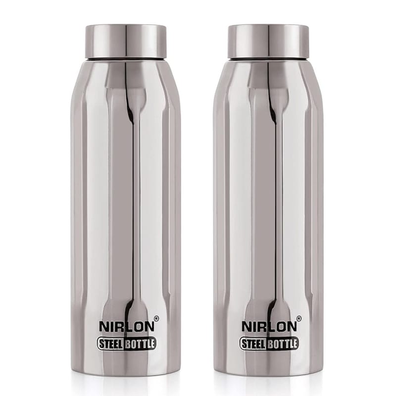 Nirlon Stainless Steel Single Wall Fridge Water Bottle, Silver, 1000ML, Set of 2 (FB_Polo)