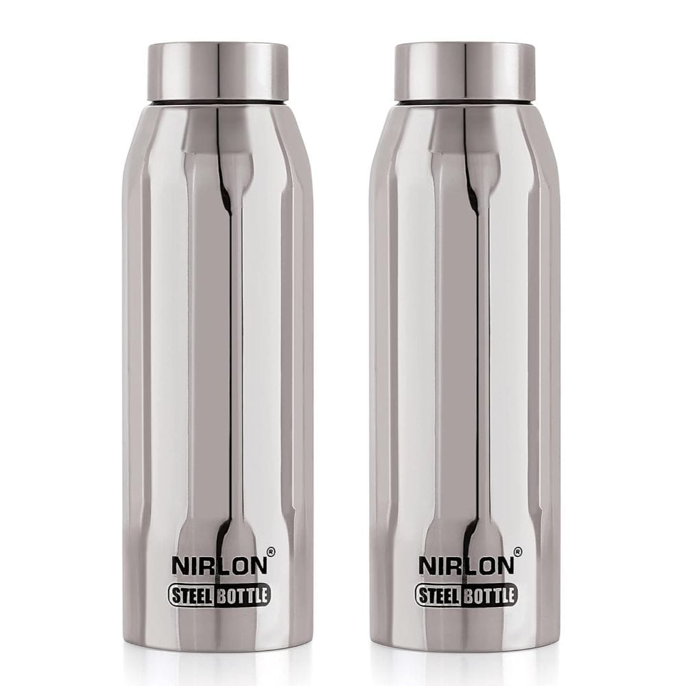 Nirlon Stainless Steel Single Wall Fridge Water Bottle, Silver, 1000ML, Set of 2 (FB_Polo)