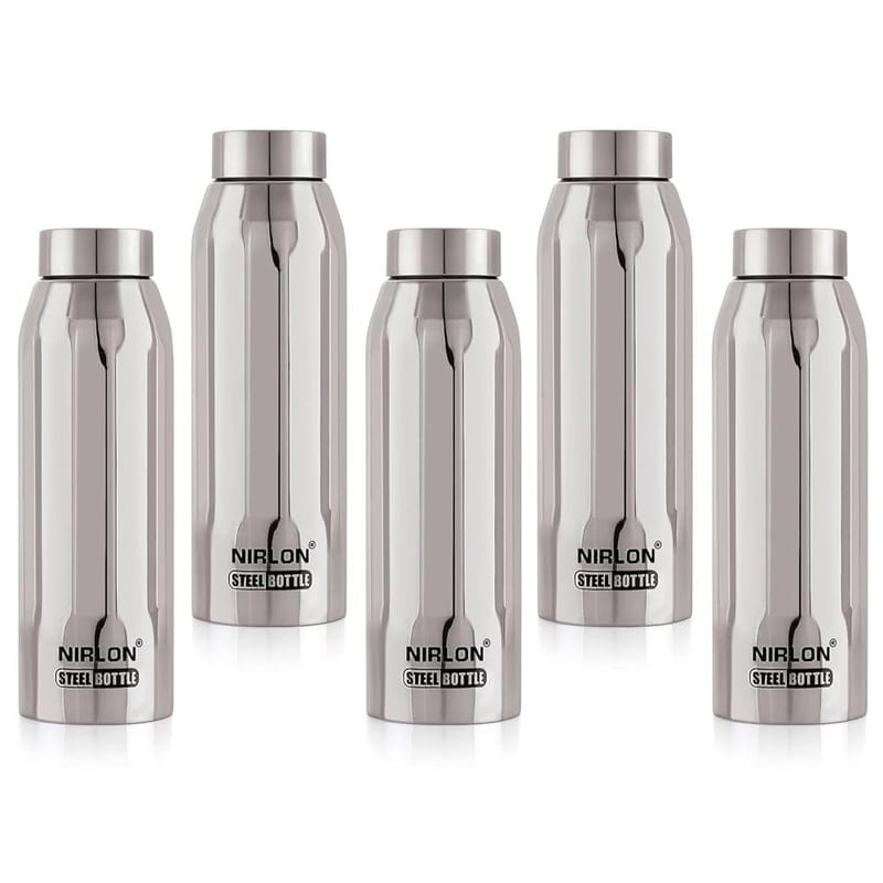 Nirlon Stainless Steel Single Wall Fridge Water Bottle, Silver, 1000ML, Set of 5 (FB_Polo)