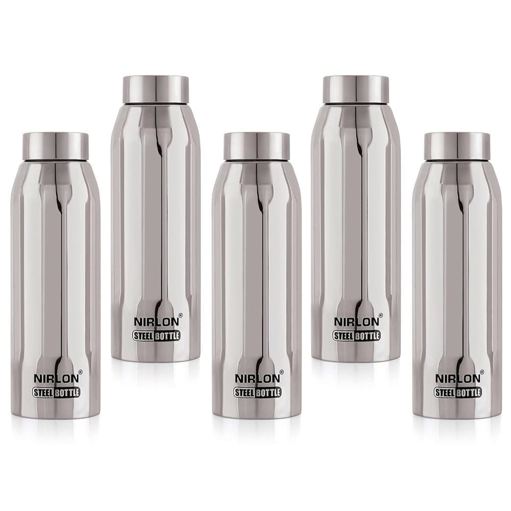 Nirlon Stainless Steel Single Wall Fridge Water Bottle, Silver, 1000ML, Set of 5 (FB_Polo)