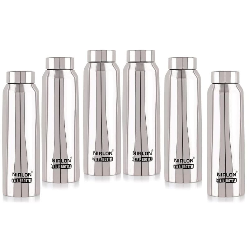 Nirlon Stainless Steel Single Wall Refrigerator Fridge Water Bottle, Silver, Set of 6 (FB_Hiker)