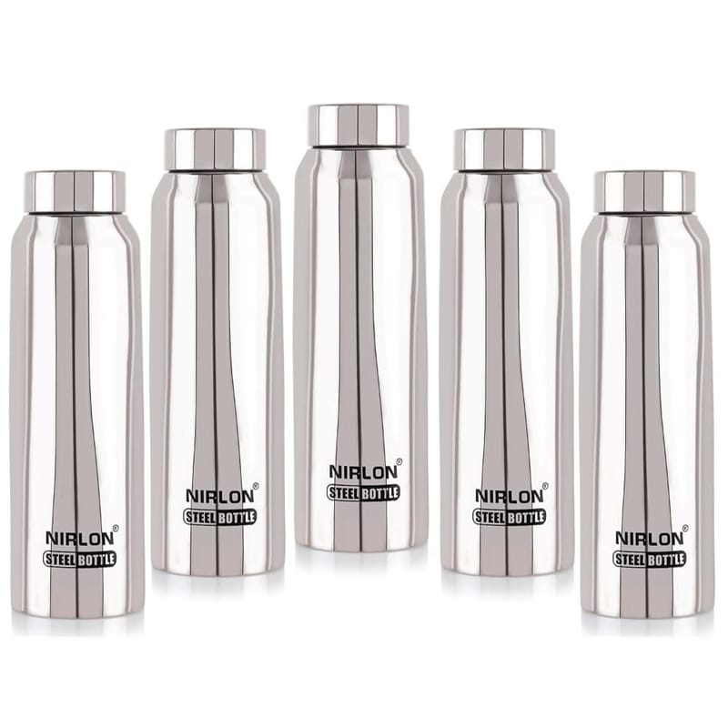 Nirlon Stainless Steel Single Wall Refrigerator Fridge Water Bottle, Silver, Set of 5 (FB_Hiker)