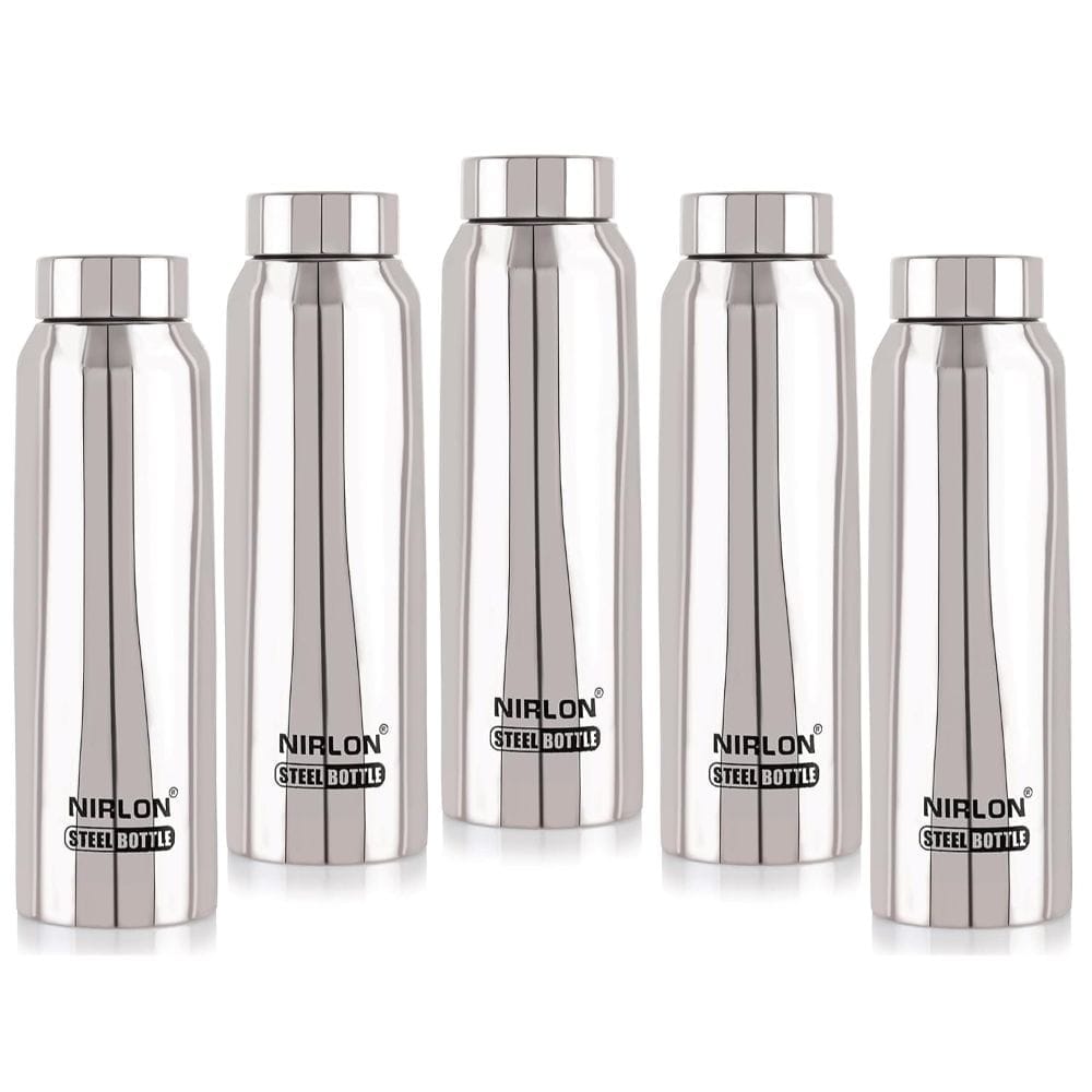 Nirlon Stainless Steel Single Wall Refrigerator Fridge Water Bottle, Silver, Set of 5 (FB_Hiker)