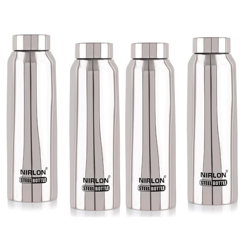 Nirlon Stainless Steel Single Wall Refrigerator Fridge Water Bottle, Silver, Set of 4 (FB_Hiker)