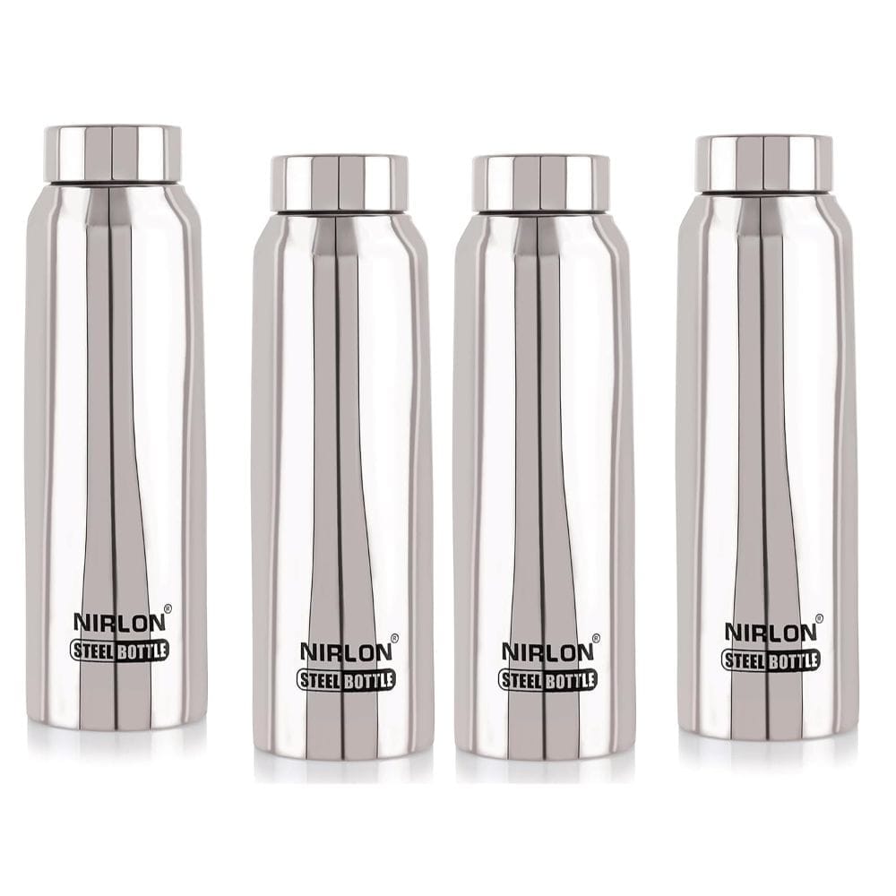 Nirlon Stainless Steel Single Wall Refrigerator Fridge Water Bottle, Silver, Set of 4 (FB_Hiker)