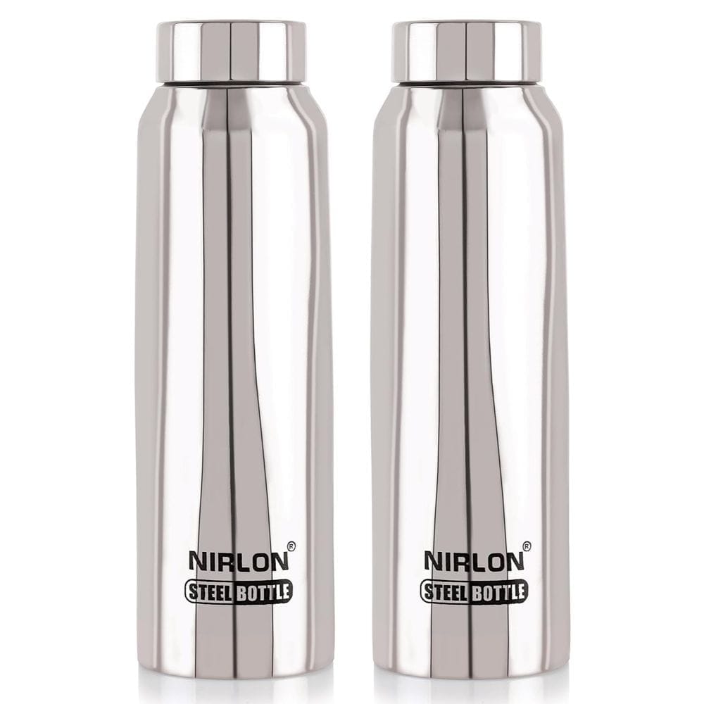 Nirlon Stainless Steel Single Wall Fridge Water Bottle, Silver, Set of 2 (FB_Hiker)