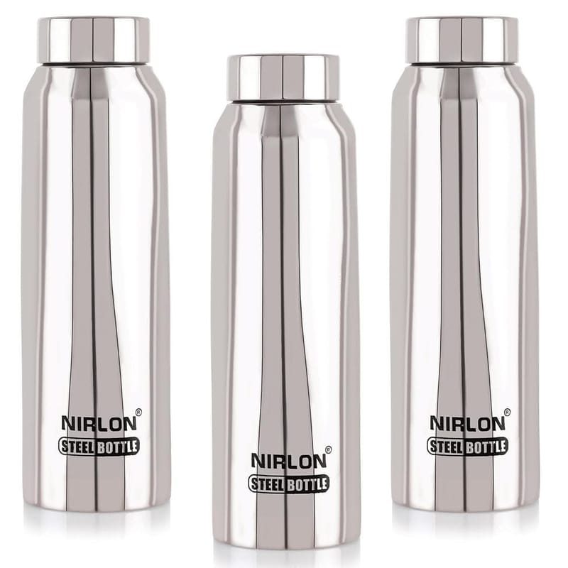 Nirlon Stainless Steel Single Wall Refrigerator Fridge Water Bottle, Silver, Set of 3 (FB_Hiker)