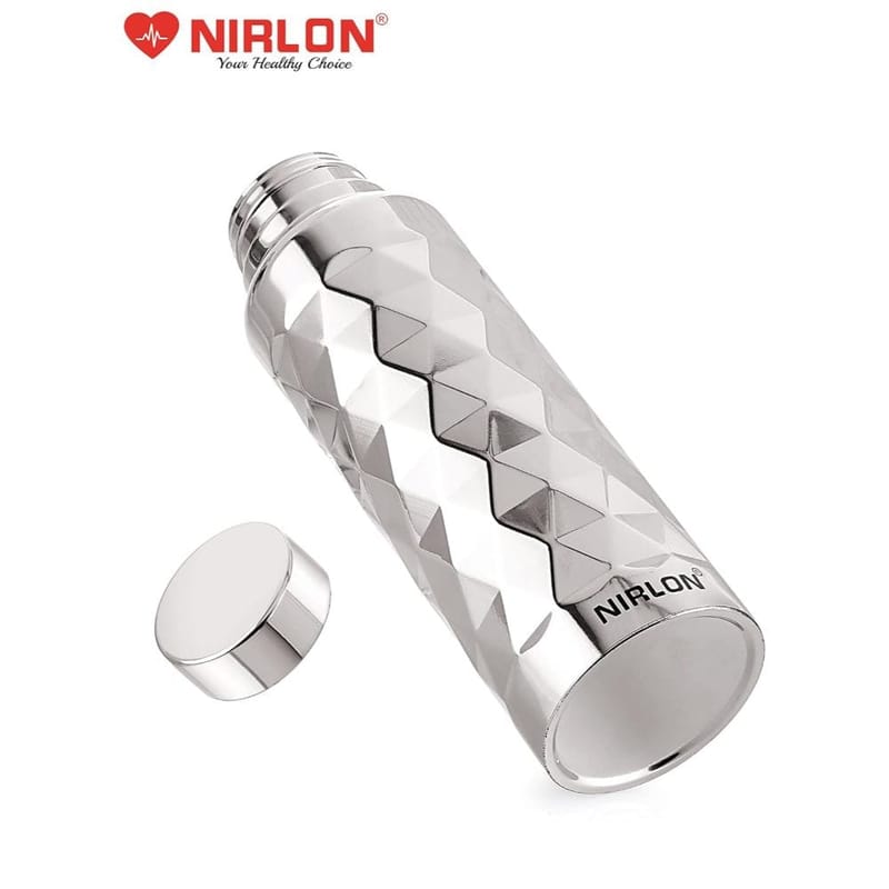 Nirlon Stainless Steel Single Wall Diamond Cut Sleek Fridge Water Bottle 1000ML, Set of 1, Silver