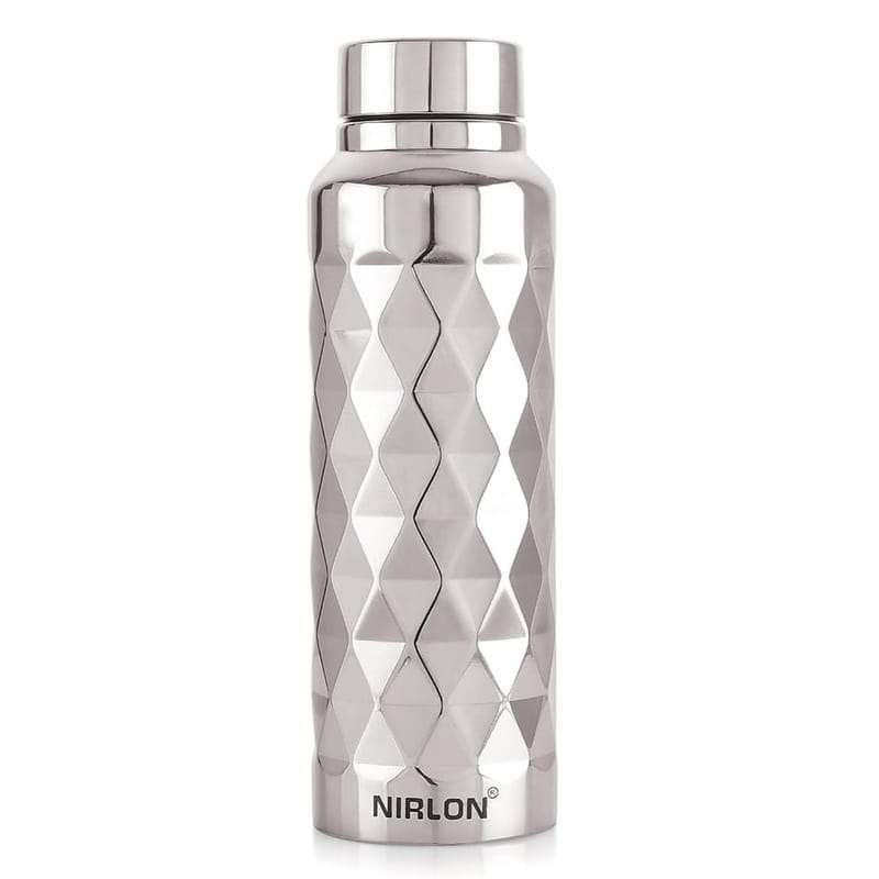 Nirlon Stainless Steel Single Wall Diamond Cut Sleek Fridge Water Bottle 1000ML, Set of 1, Silver