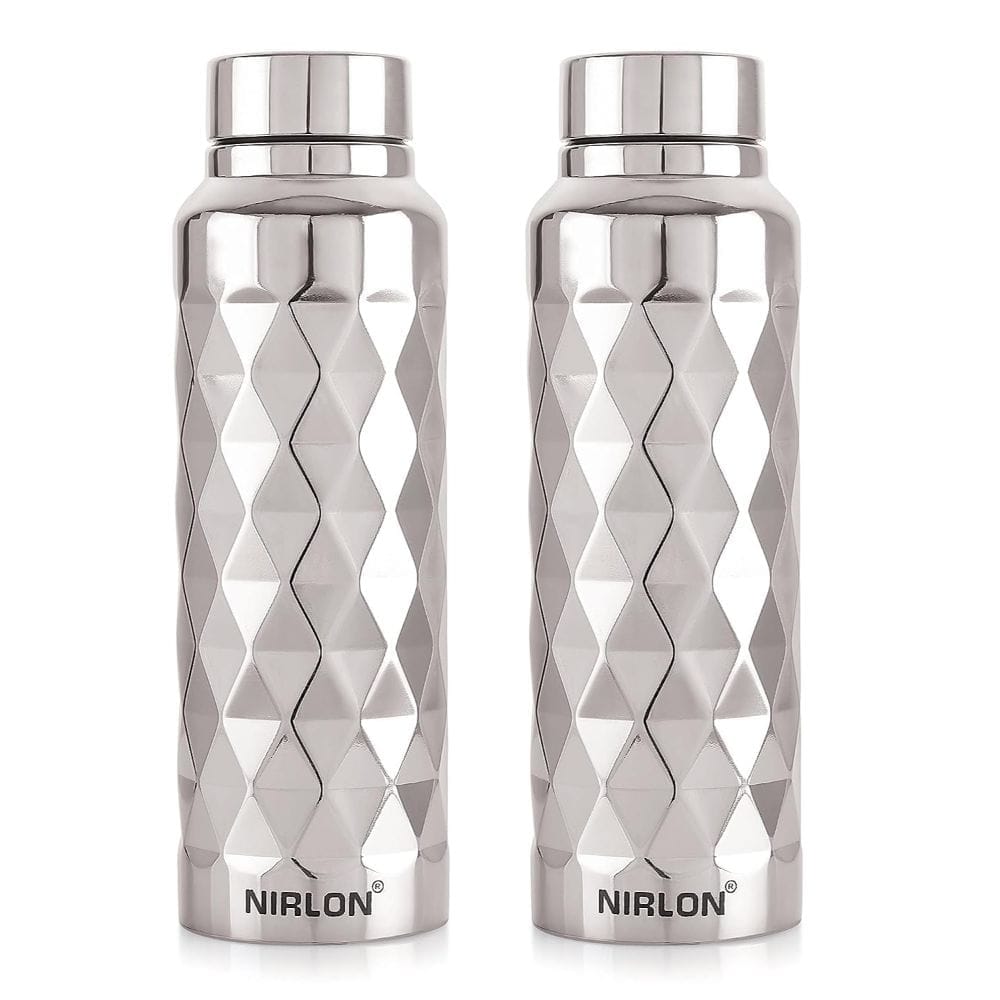 Nirlon Stainless Steel Single Wall Diamond Cut Sleek Fridge Water Bottle 1000ML, Set of 2, Silver