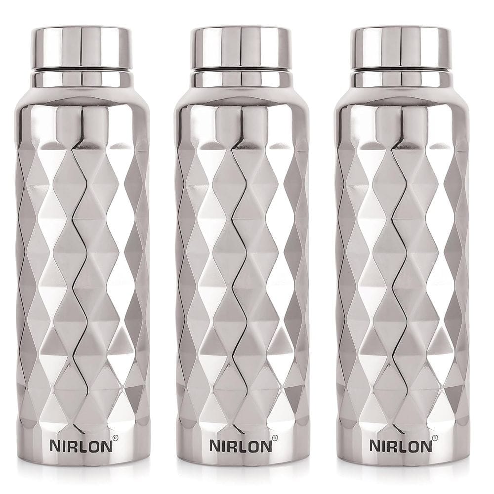 Nirlon Stainless Steel Single Wall Diamond Cut Sleek Fridge Water Bottle 1000ML, Set of 3, Silver