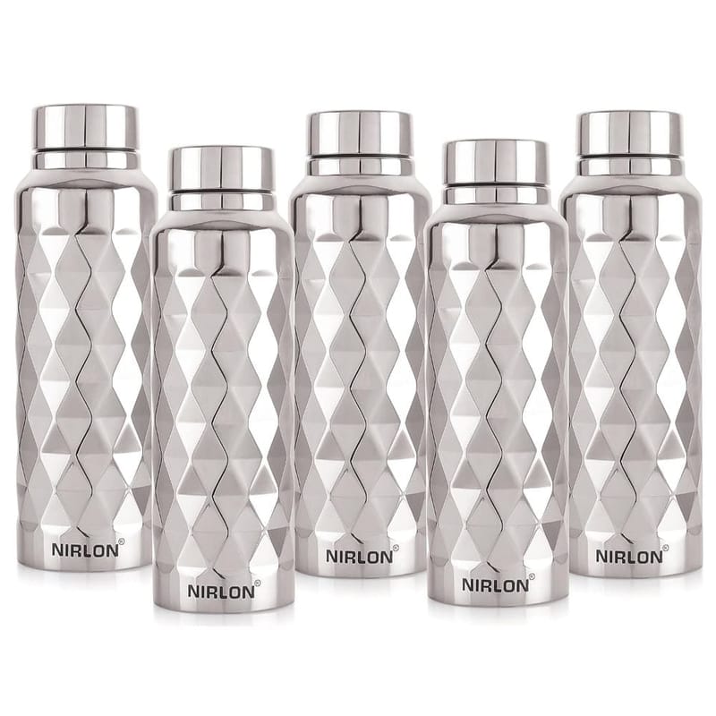 Nirlon Stainless Steel Single Wall Diamond Cut Sleek Fridge Water Bottle 1000ML, Set of 5, Silver