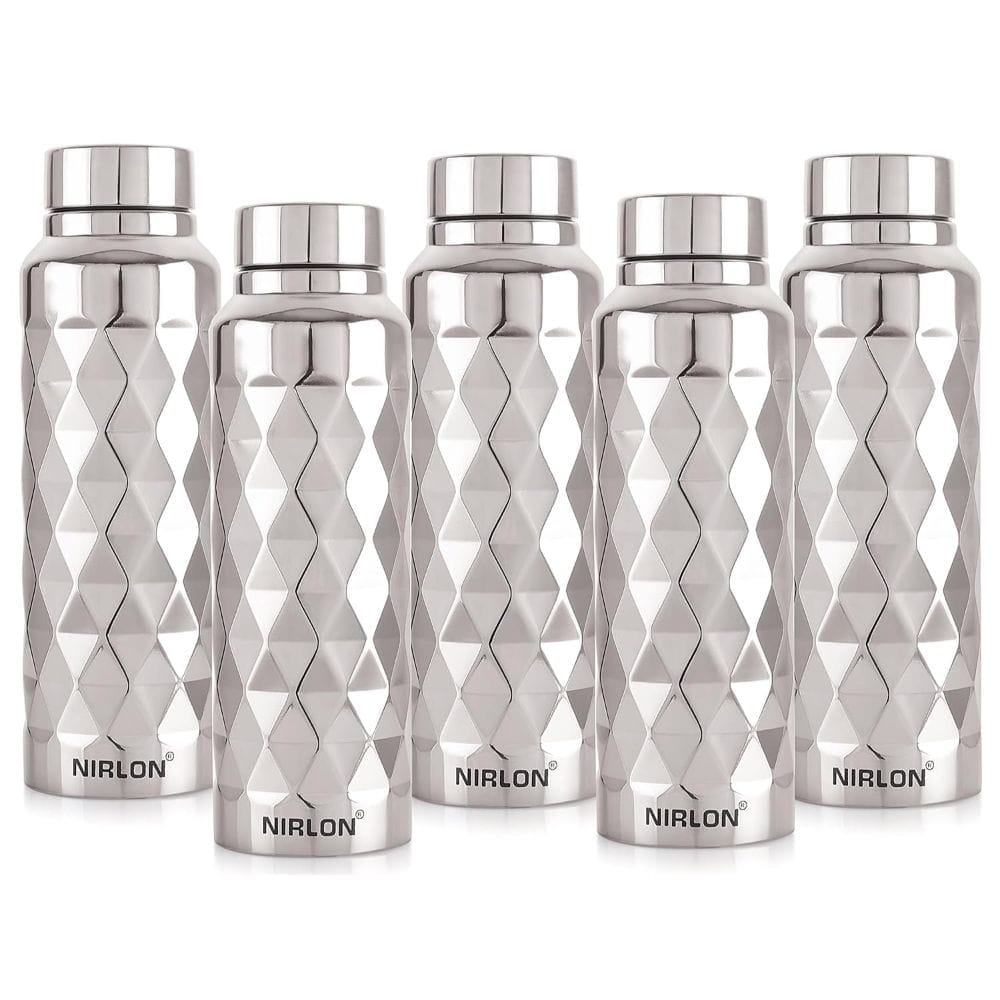 Nirlon Stainless Steel Single Wall Diamond Cut Sleek Fridge Water Bottle 1000ML, Set of 5, Silver