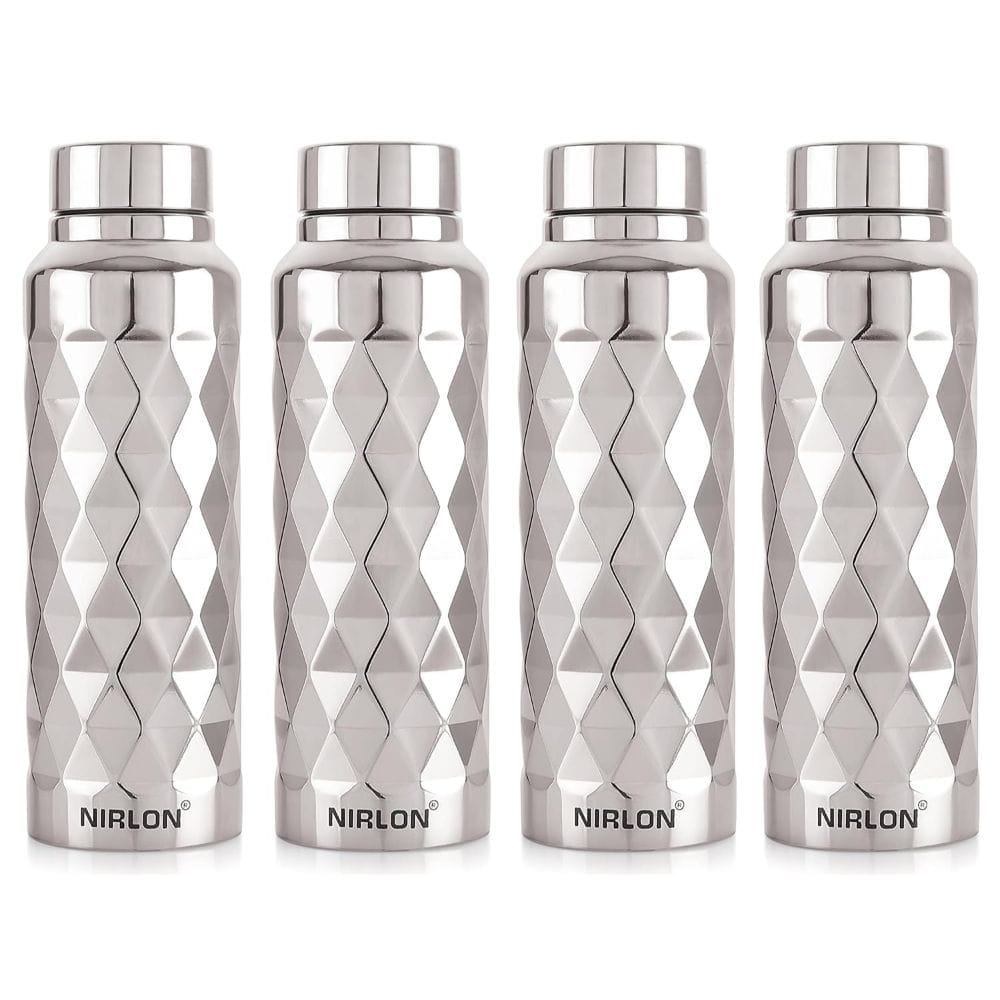 Nirlon Stainless Steel Single Wall Diamond Cut Sleek Fridge Water Bottle 1000ML, Set of 4, Silver