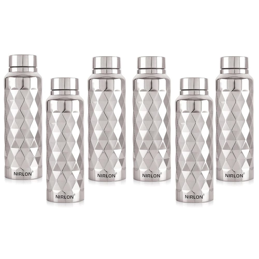 Nirlon Stainless Steel Single Wall Diamond Cut Sleek Fridge Water Bottle 1000ML, Set of 6, Silver