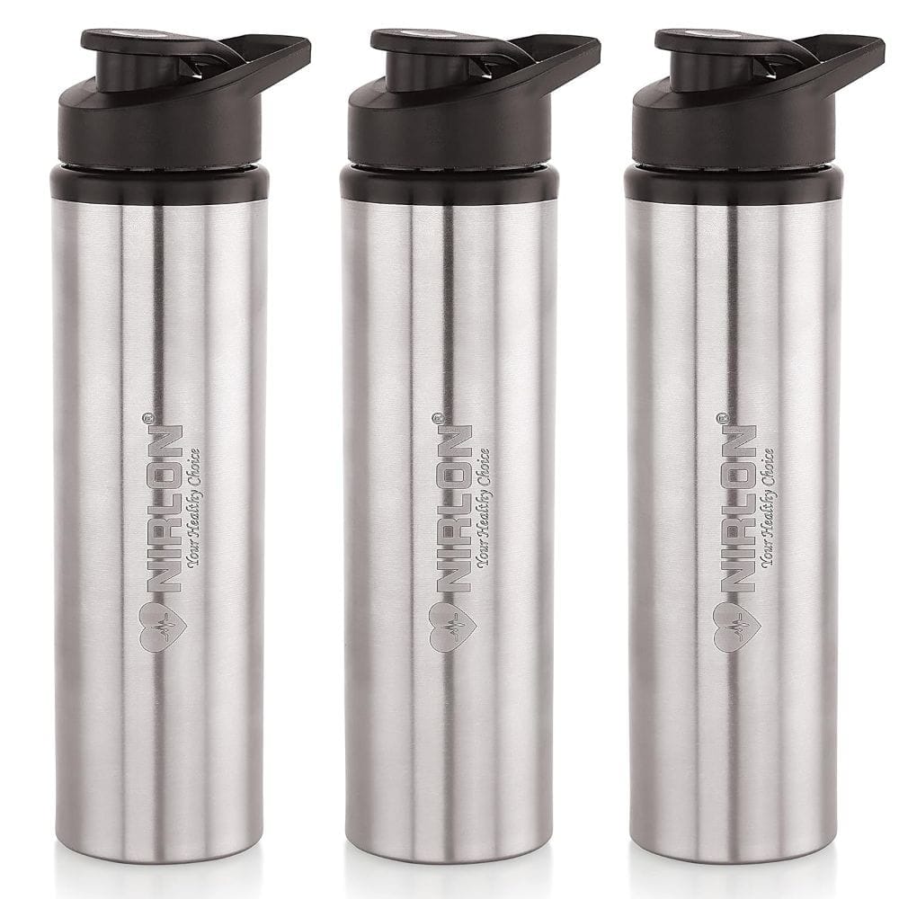 Nirlon Stainless Steel Single Wall Water Bottle with Flip Cap 900 ML, Set of 3