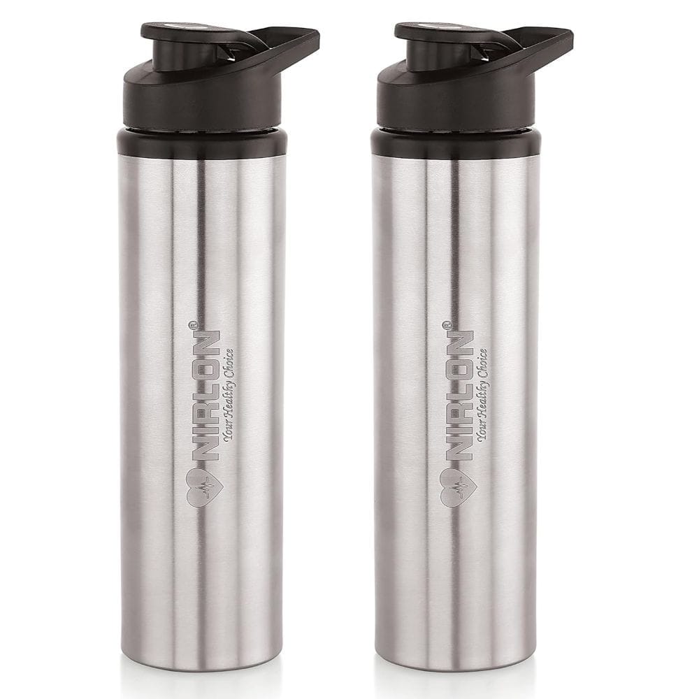 Nirlon Stainless Steel Single Wall Water Bottle with Flip Cap 900 ML, Set of 2