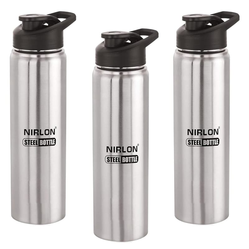 Nirlon Stainless Steel Single Wall Water Bottle with Flip Cap 1000 ML, Set of 3