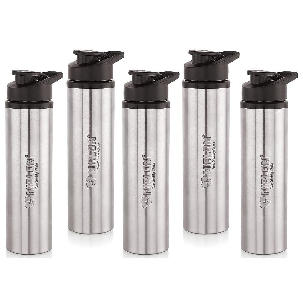 Nirlon Stainless Steel Single Wall Water Bottle with Flip Cap 900 ML, Set of 5