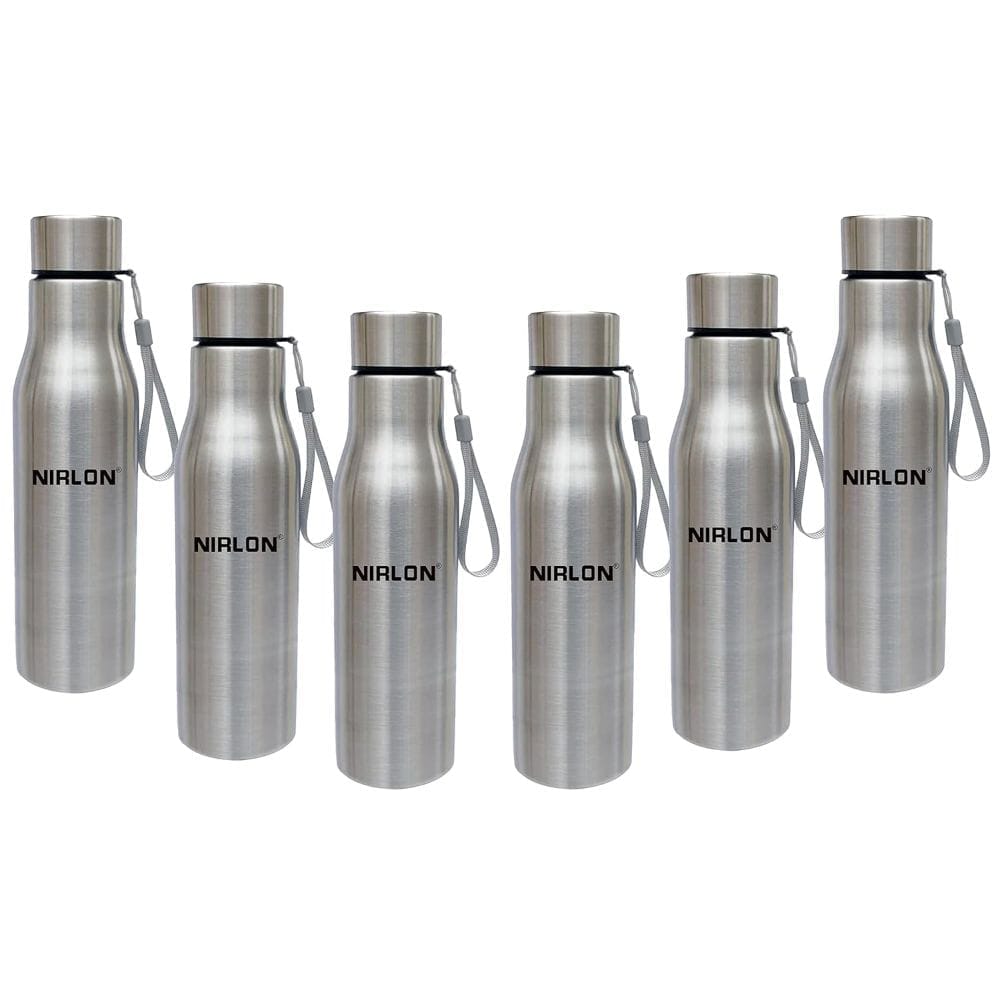 Nirlon Stainless Steel Single Wall Water Bottle with Flip Cap 1000 ML, Set of 6