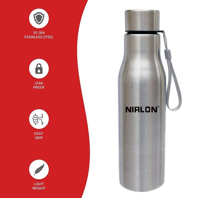 Nirlon Stainless Steel Single Wall Water Bottle with Flip Cap 1000 ML, Set of 6