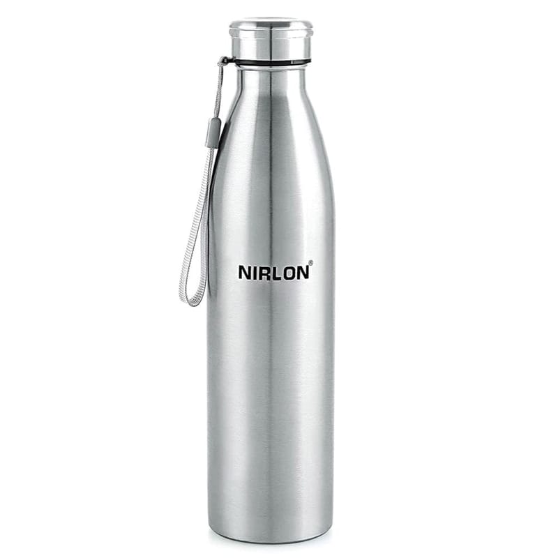 Nirlon Stainless Steel Single Wall Plain Water Bottle with String 1000 ML, Set of 1