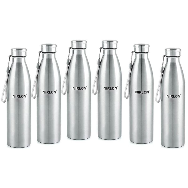 Nirlon Stainless Steel Single Wall Plain Water Bottle with String 1000 ML, Set of 6