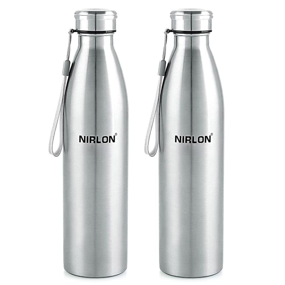 Nirlon Stainless Steel Single Wall Plain Water Bottle with String 1000 ML, Set of 2