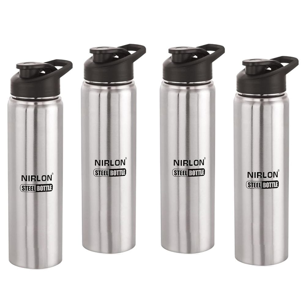 Nirlon Stainless Steel Single Wall Water Bottle with Flip Cap 1000 ML, Set of 4