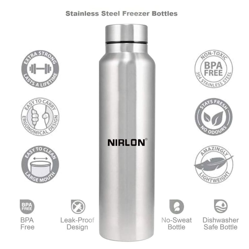 Nirlon Stainless Steel Single Wall Plain Water Bottle 1000 ML, Set of 6