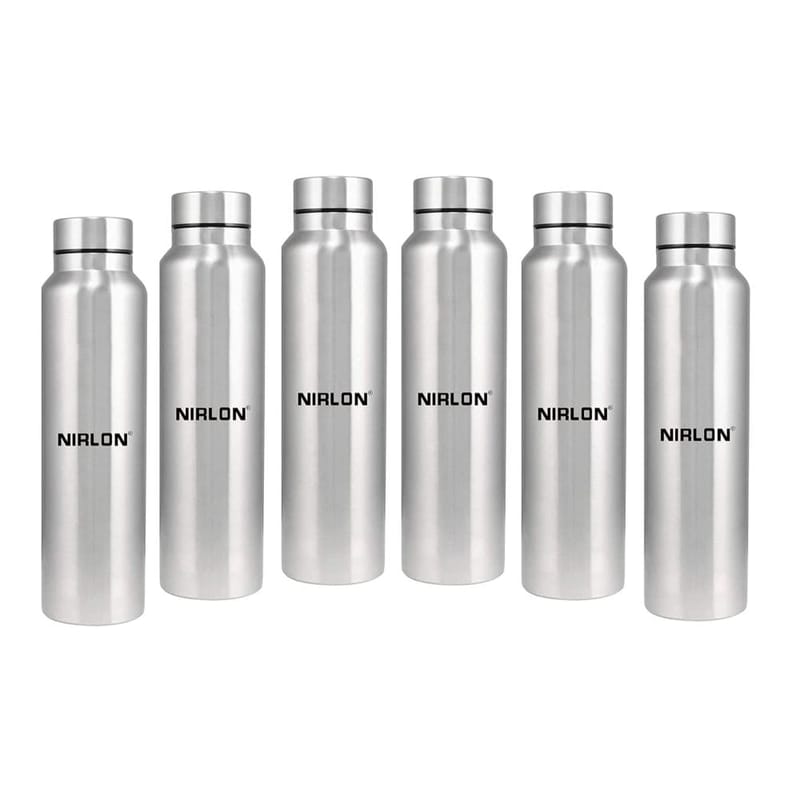 Nirlon Stainless Steel Single Wall Plain Water Bottle 1000 ML, Set of 6