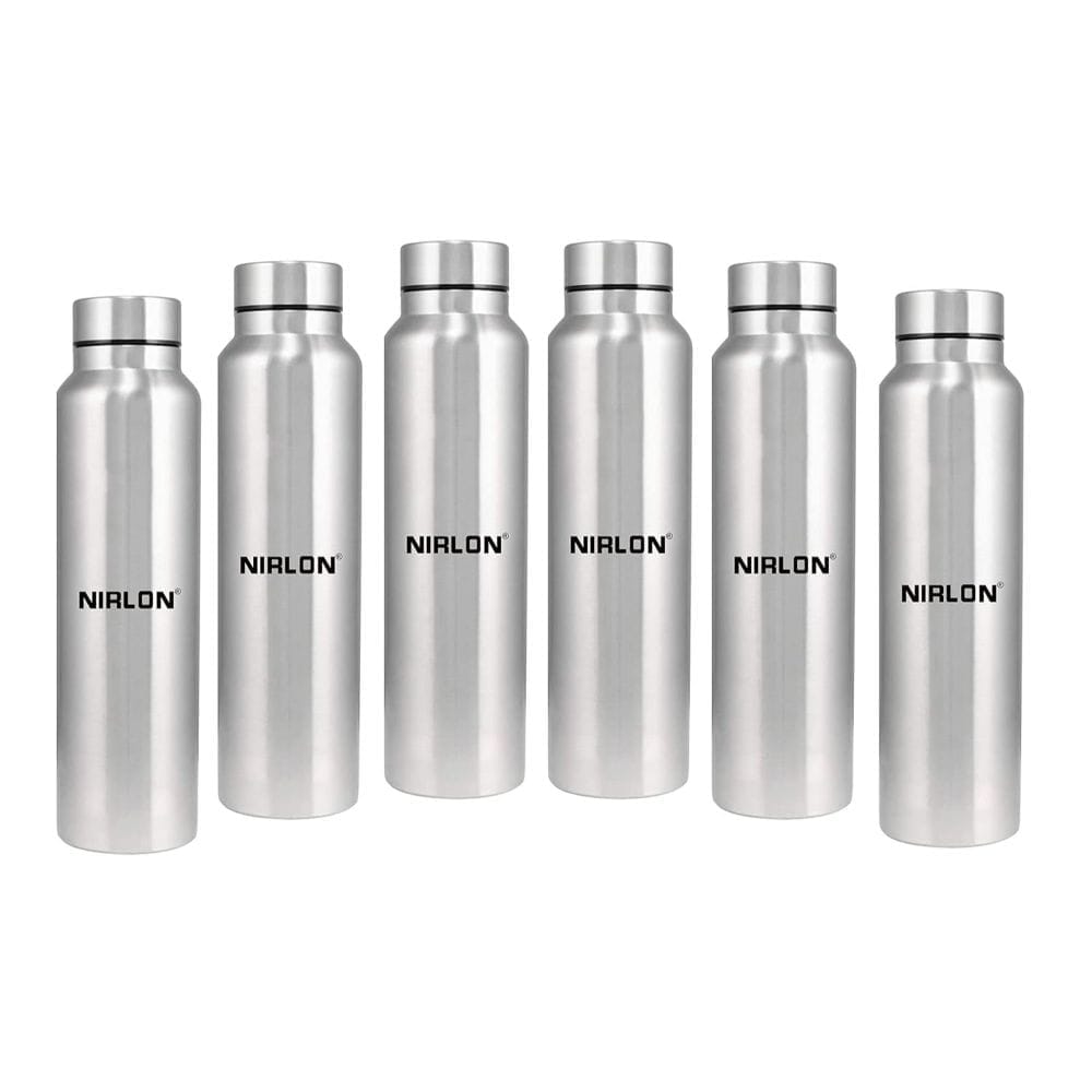 Nirlon Stainless Steel Single Wall Plain Water Bottle 1000 ML, Set of 6