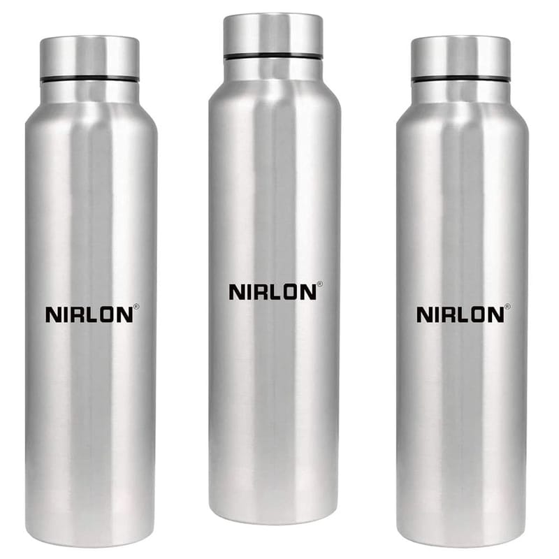 Nirlon Stainless Steel Single Wall Plain Water Bottle 1000 ML, Set of 3