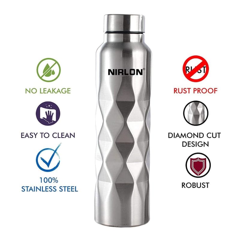 Nirlon Stainless Steel Single Wall Diamond Cut Water Bottle 1000 ML, Set of 1