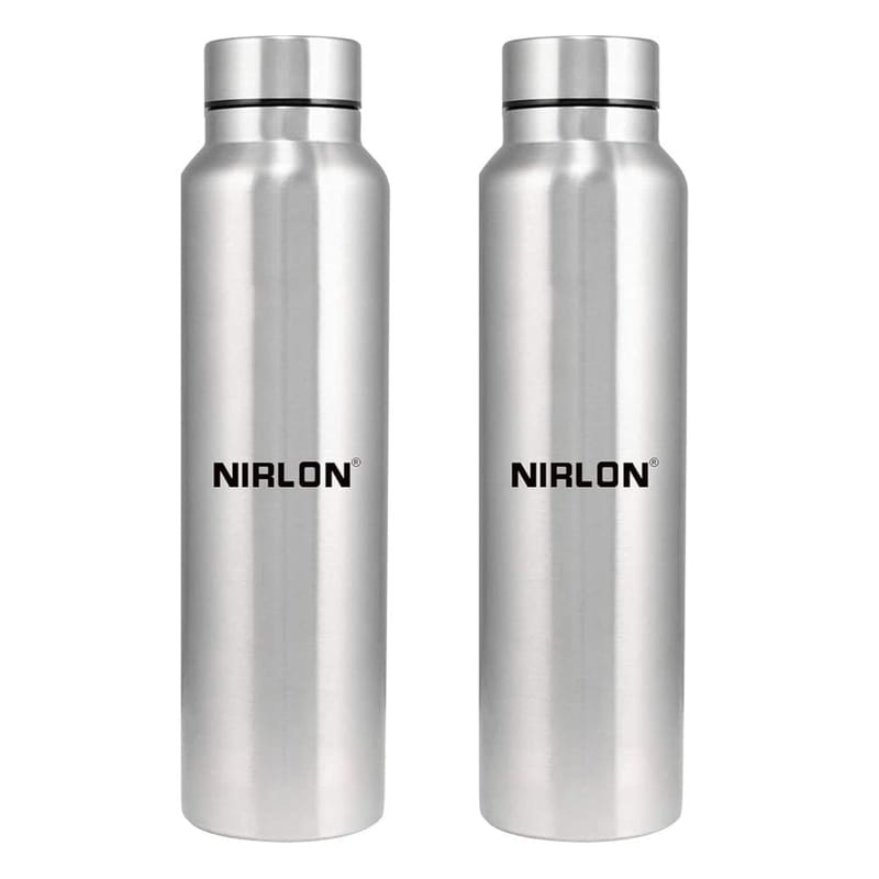 Nirlon Stainless Steel Single Wall Plain Water Bottle 1000 ML, Set of 2