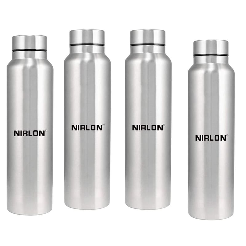 Nirlon Stainless Steel Single Wall Plain Water Bottle 1000 ML, Set of 4