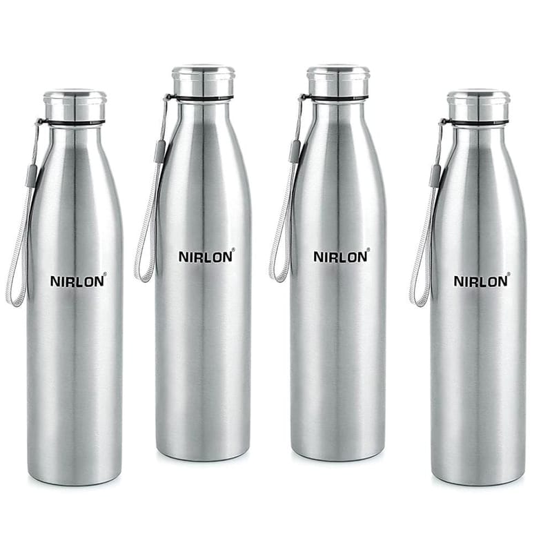 Nirlon Stainless Steel Single Wall Plain Water Bottle with String 1000 ML, Set of 4